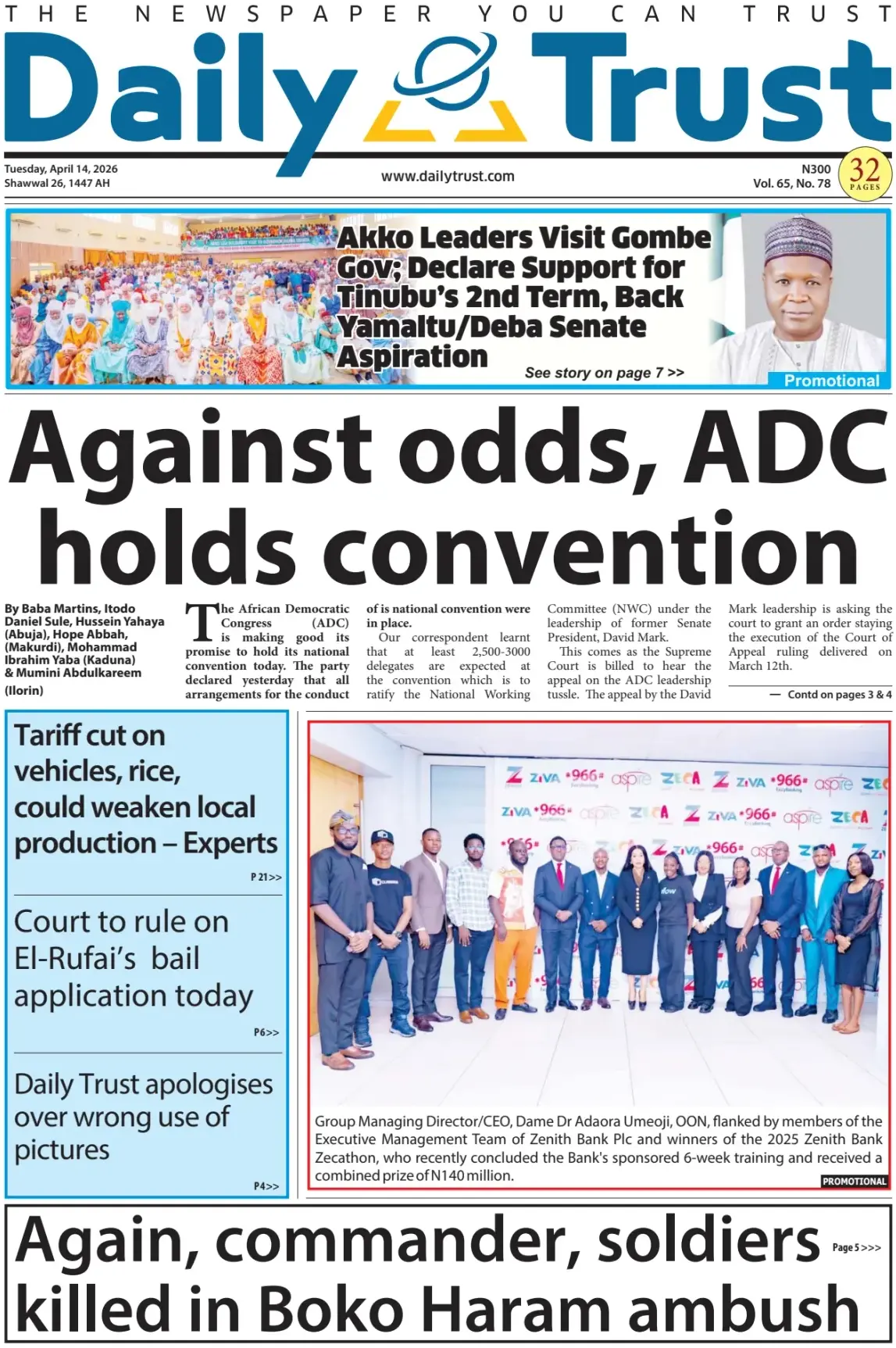 Front Page Daily Trust 14/04/2026