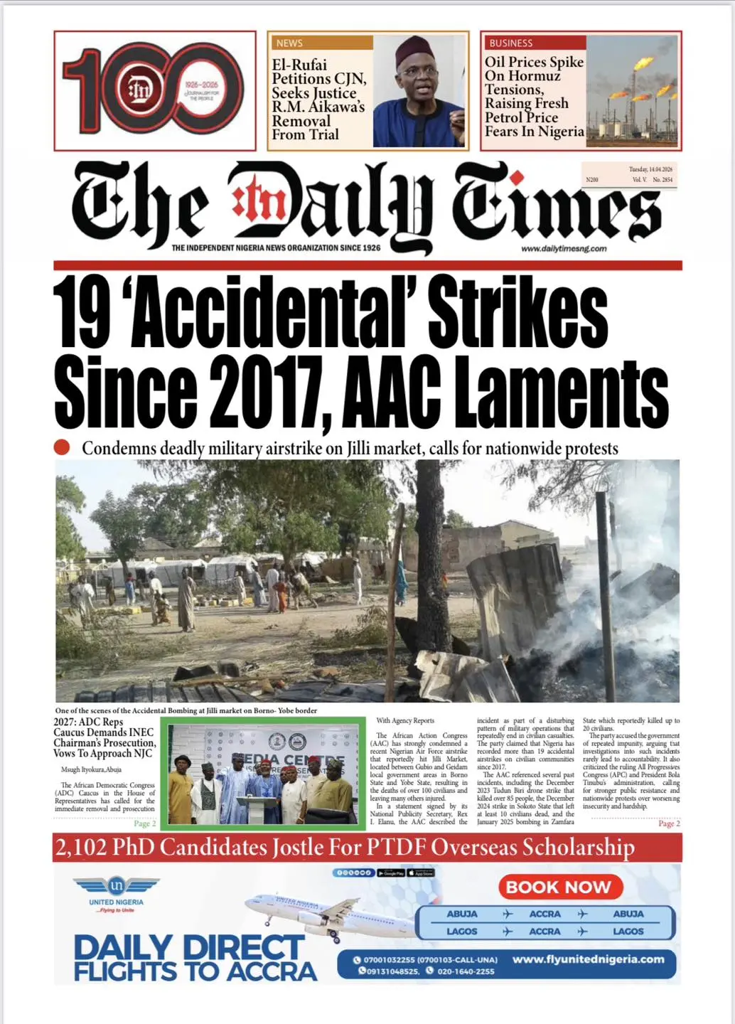 Front Page The Daily Times (Nigeria) 14/04/2026