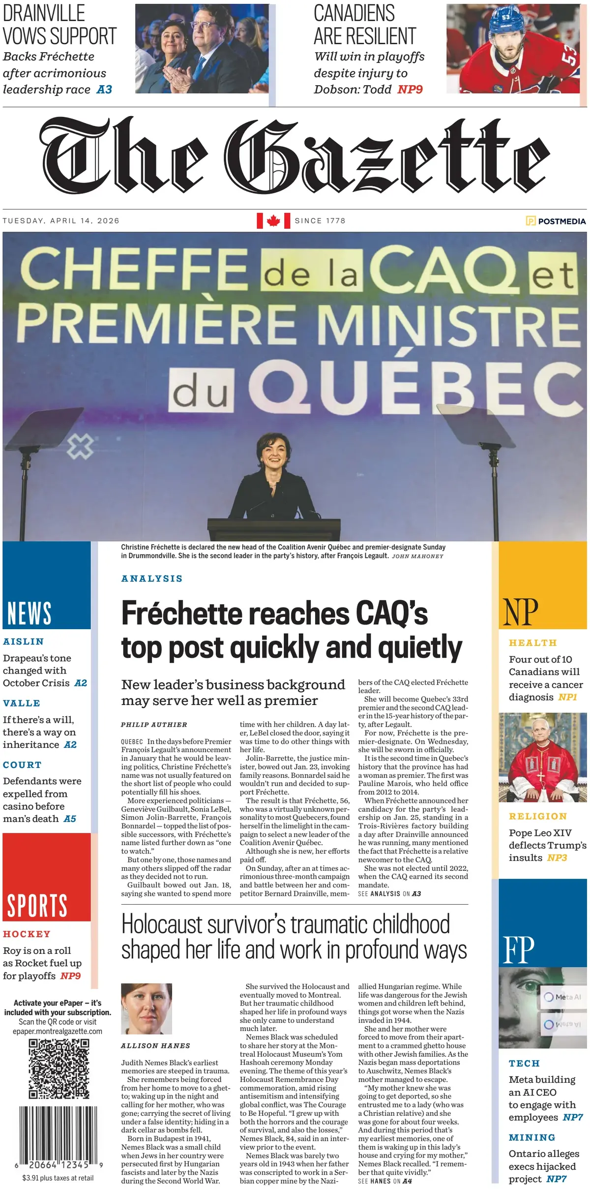Front Page The Gazette (Montreal) 14/04/2026