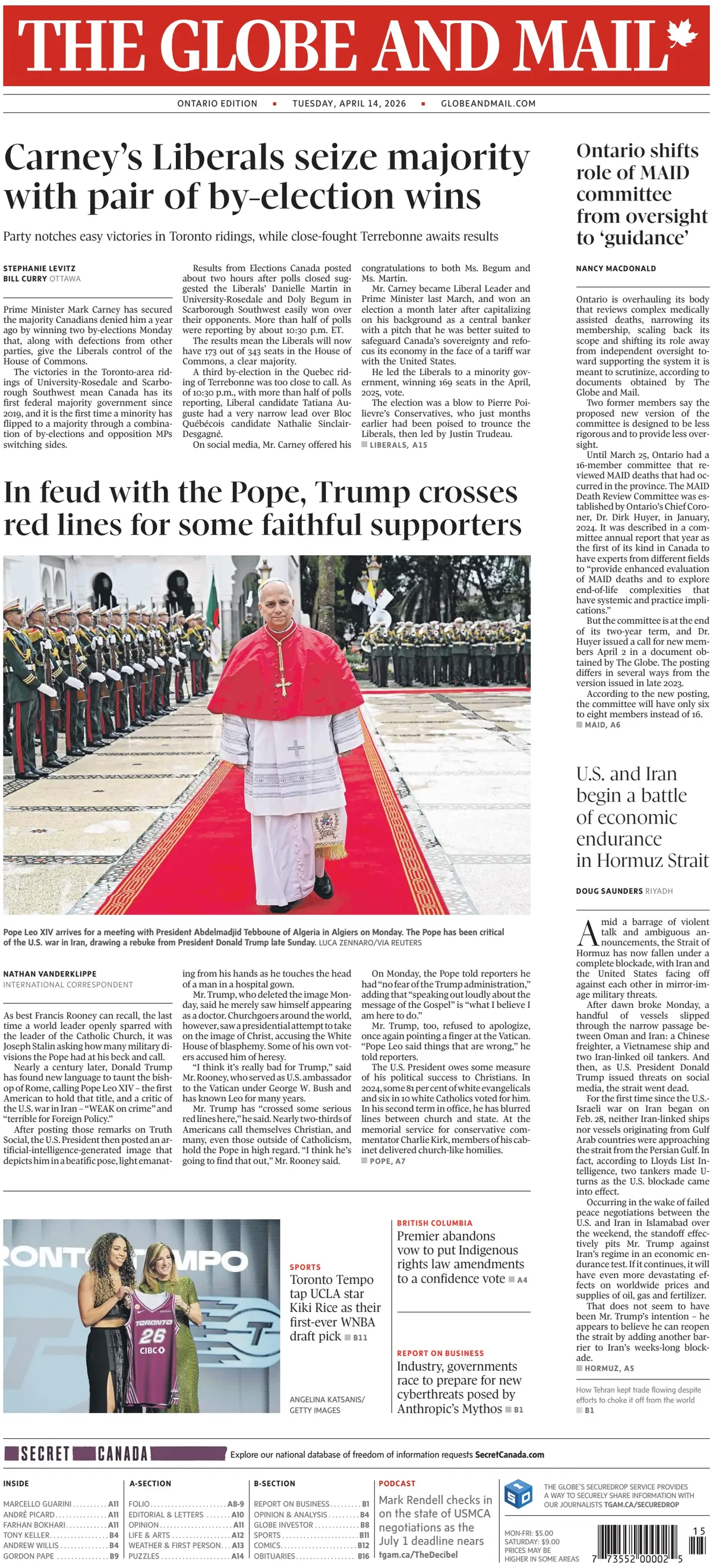 Front Page The Globe and Mail 14/04/2026