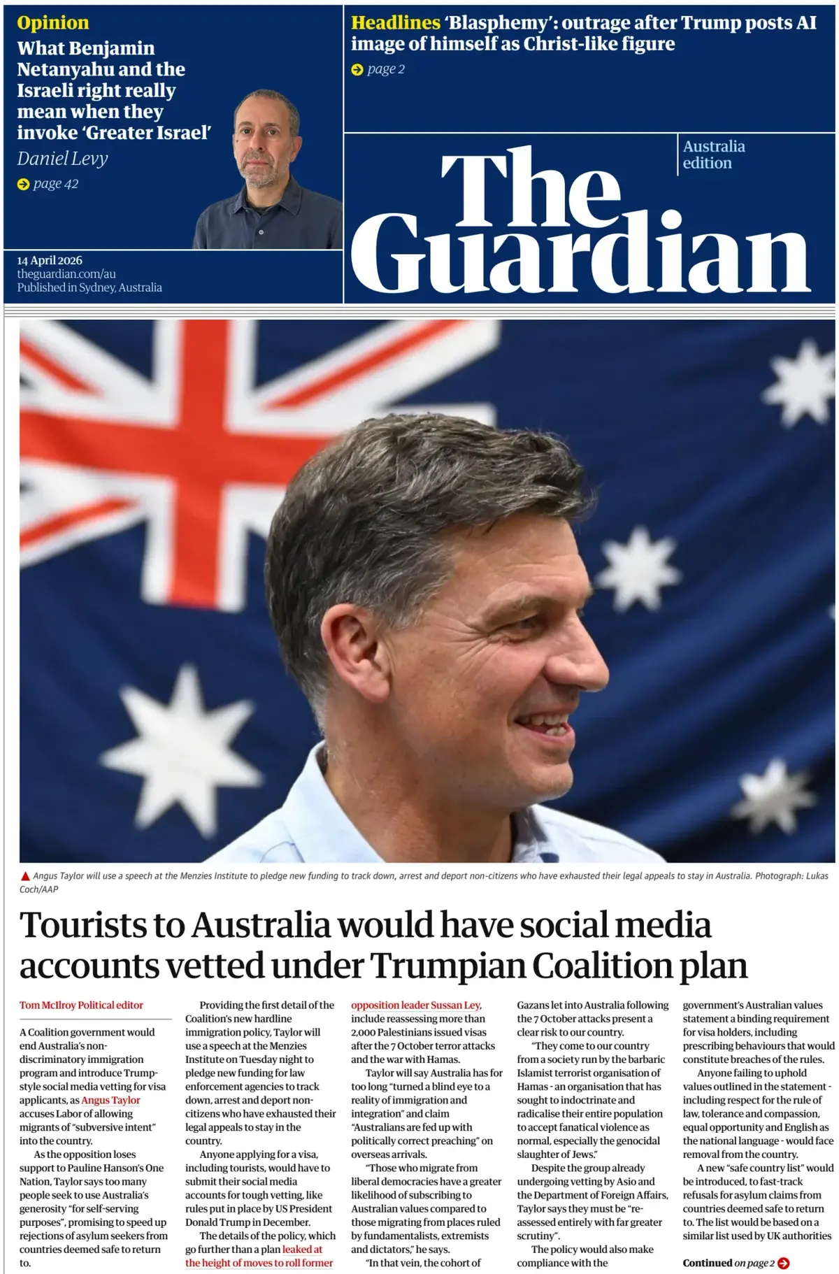 Front Page The Guardian Australia 14/04/2026