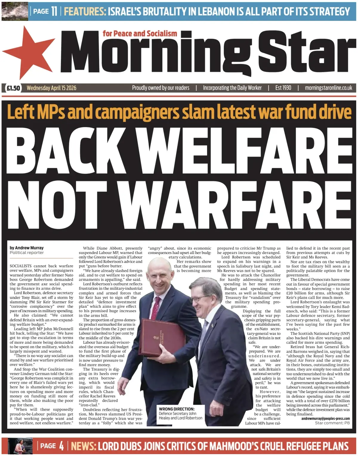 Front Page Morning Star 15/04/2026