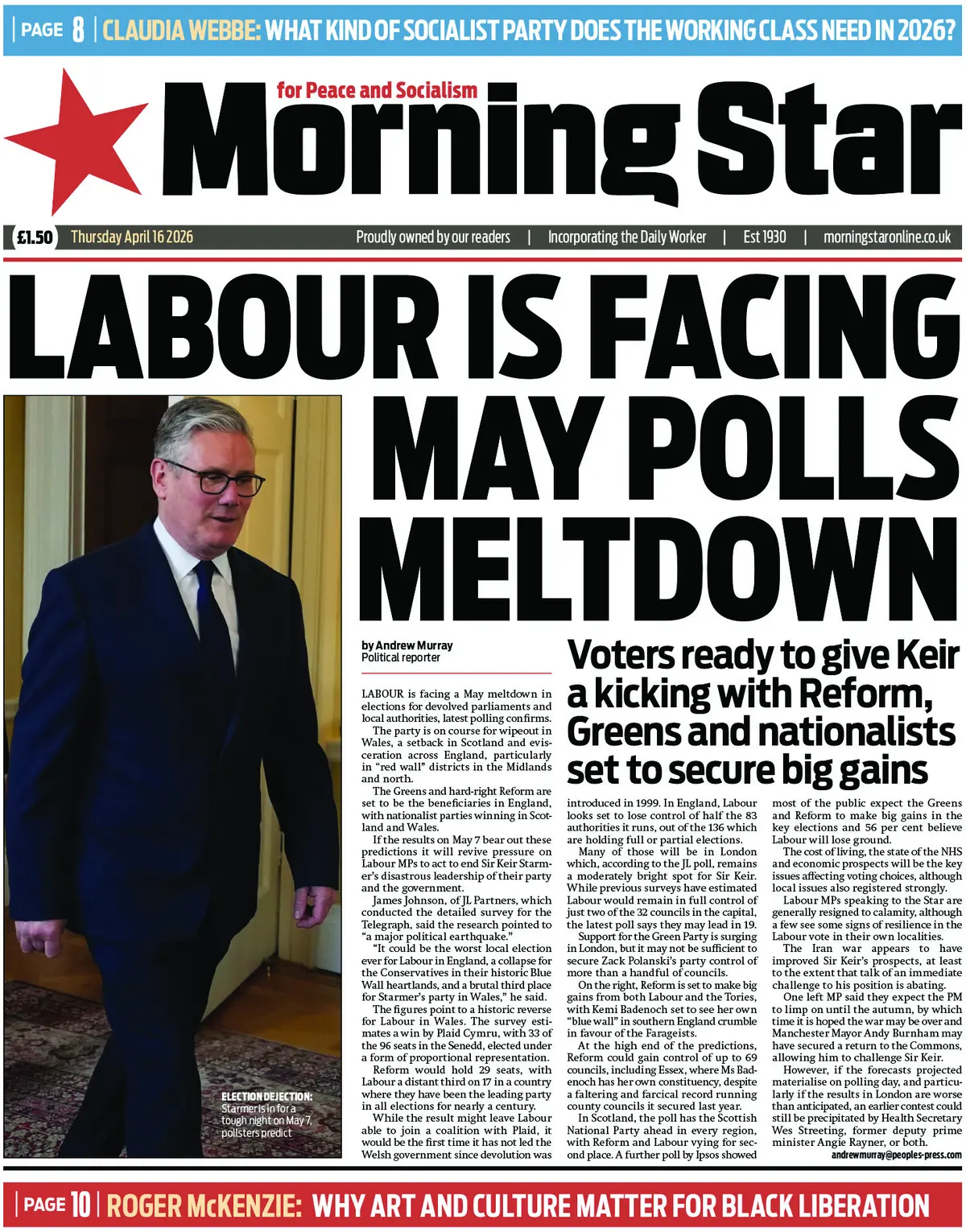 Front Page Morning Star 16/04/2026