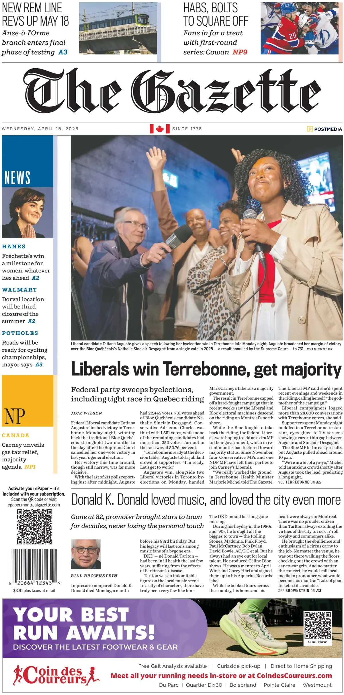 Front Page The Gazette (Montreal) 15/04/2026