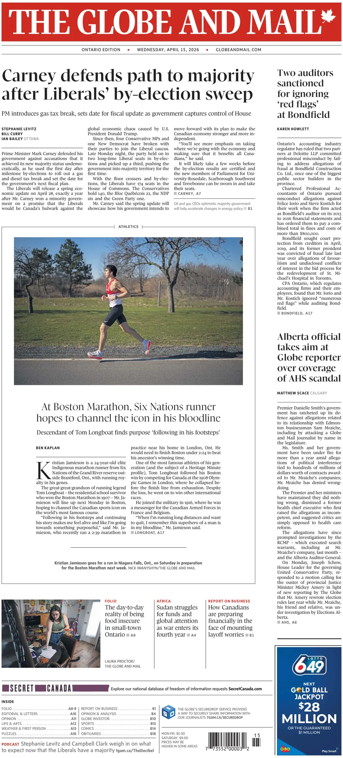 Front Page The Globe and Mail 15/04/2026