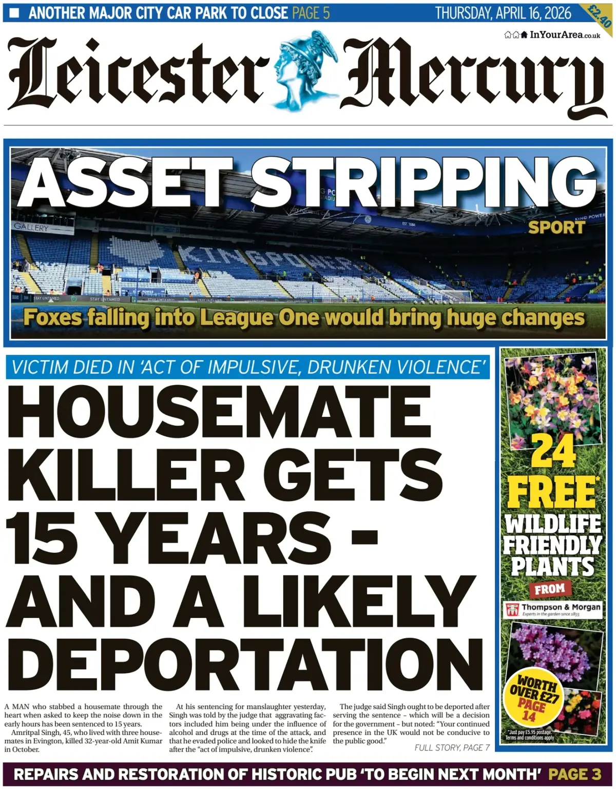 Front Page Leicester Mercury 16/04/2026