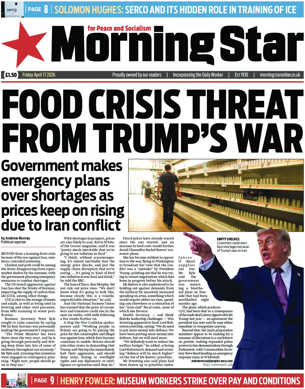 Front Page Morning Star 17/04/2026