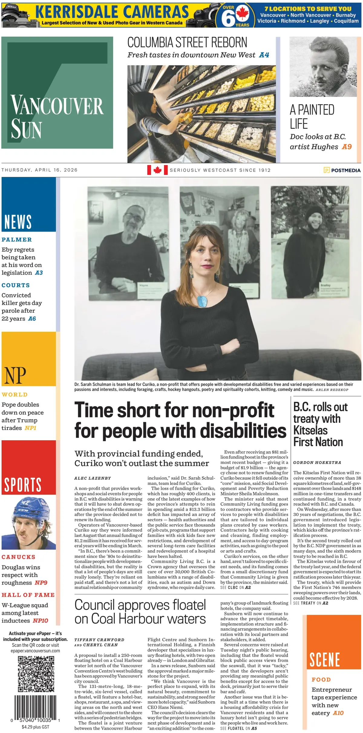 Front Page Vancouver Sun 16/04/2026