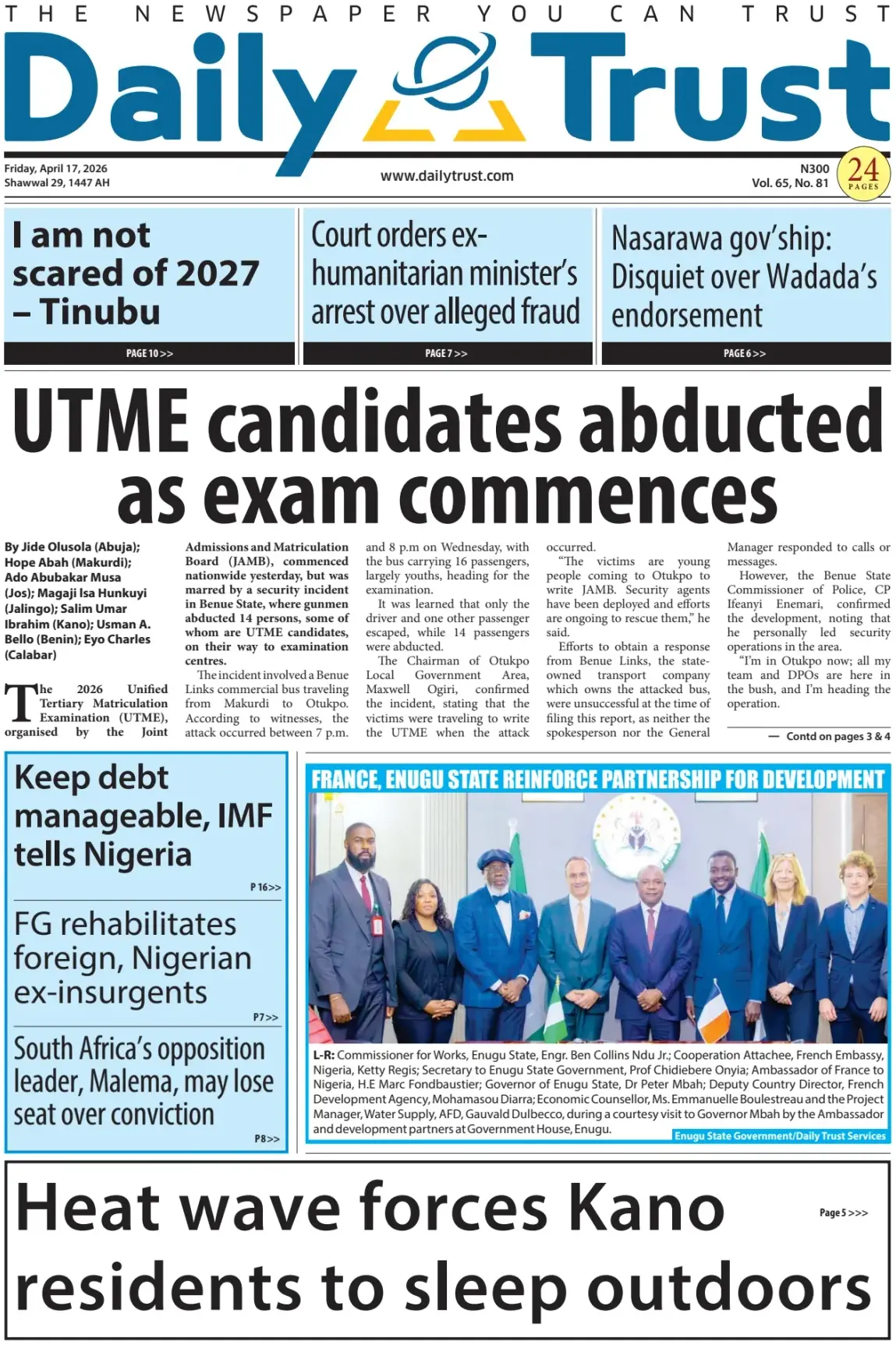 Front Page Daily Trust 17/04/2026