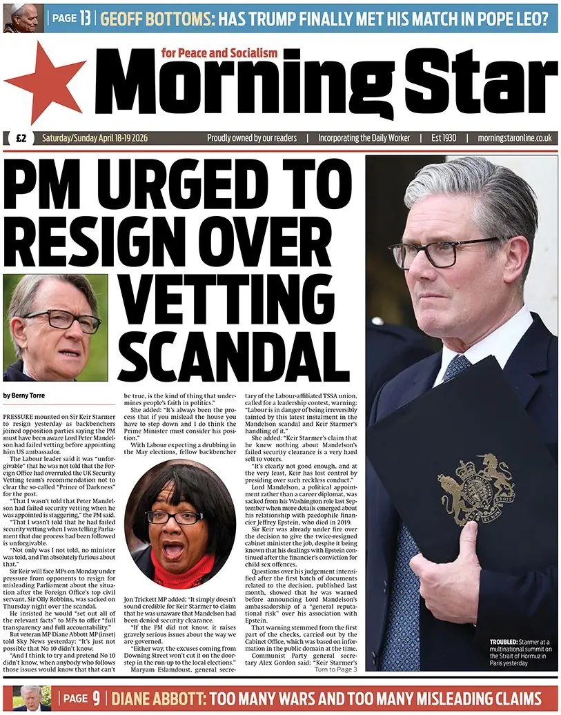 Front Page Morning Star 19/04/2026