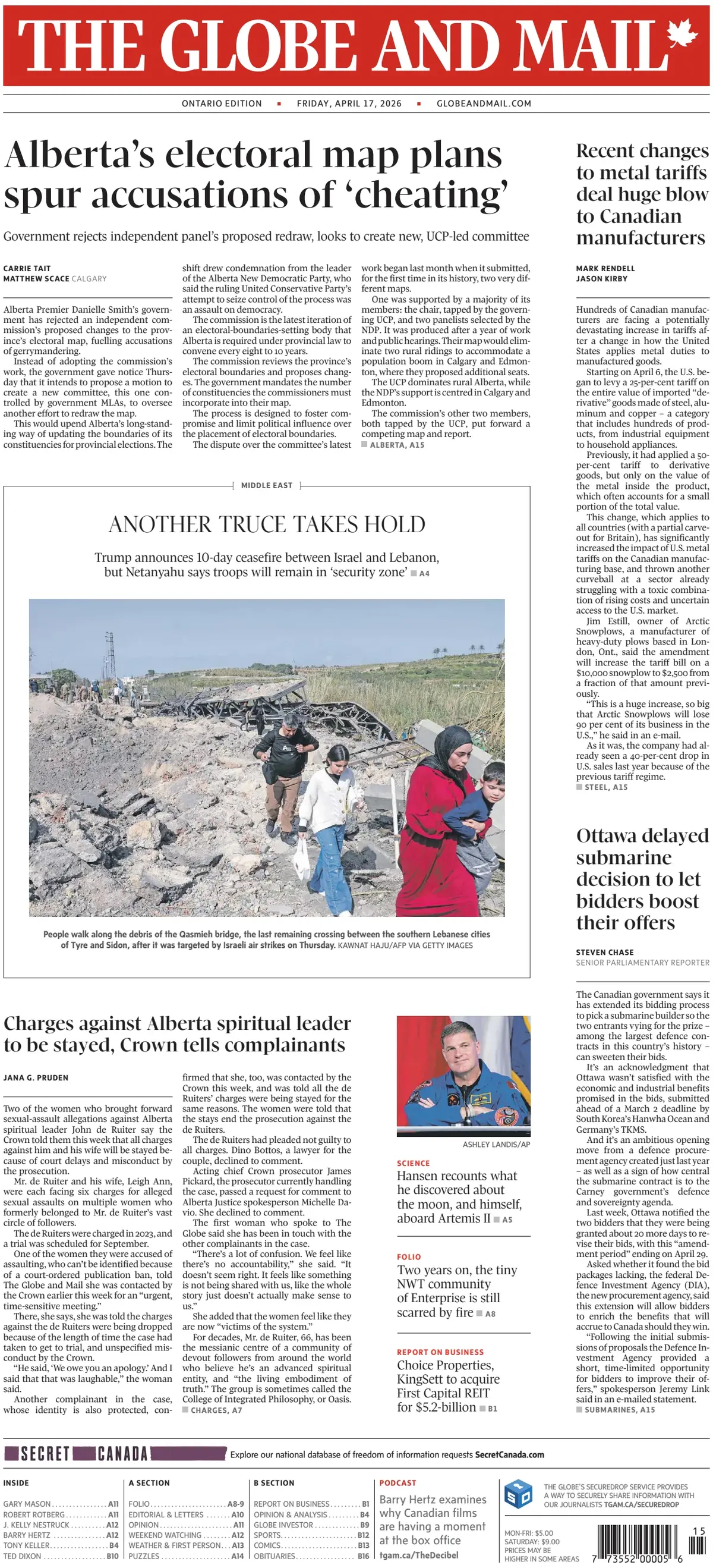 Front Page The Globe and Mail 17/04/2026