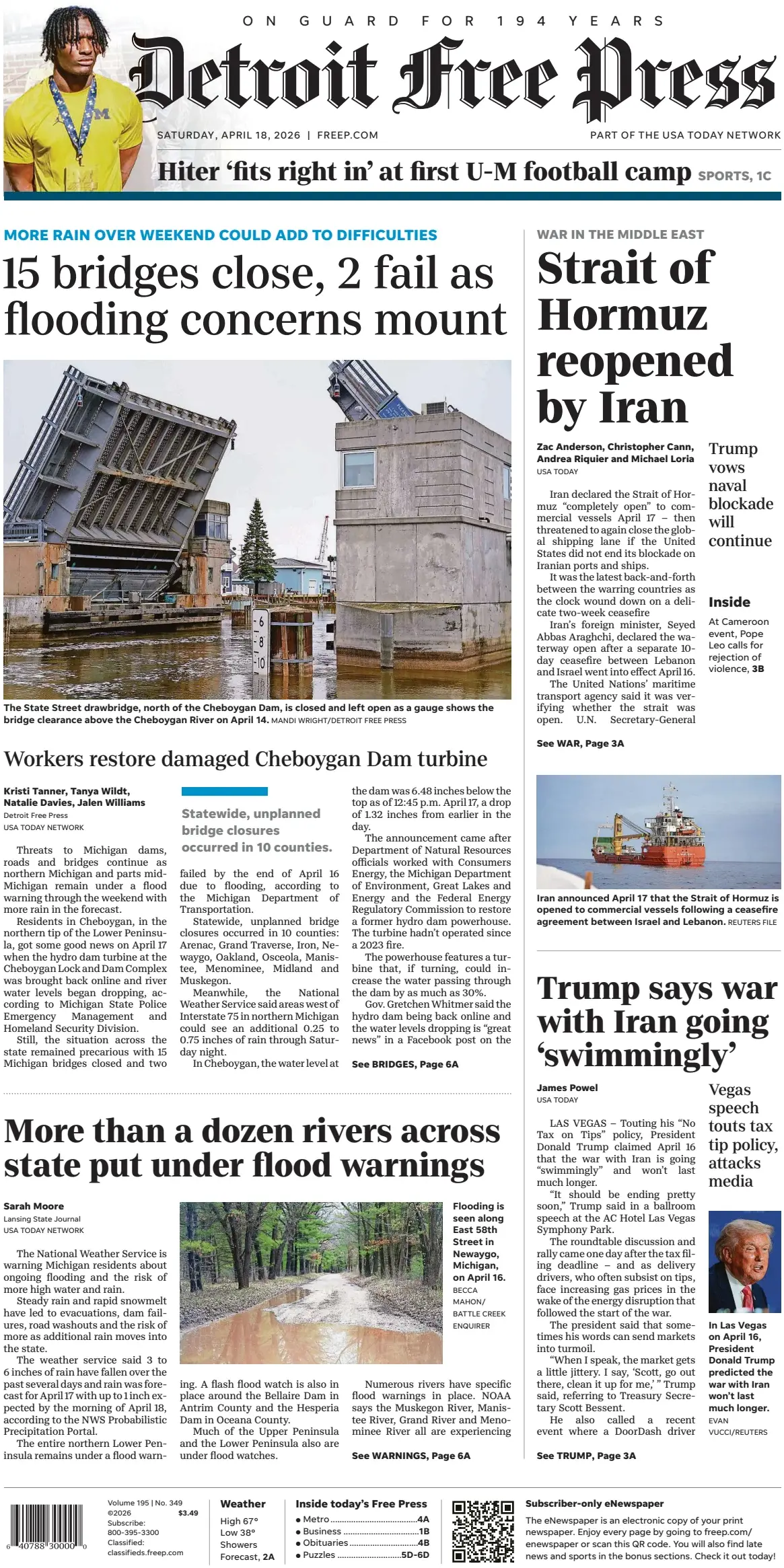 Cover Detroit Free Press 18/04/2026