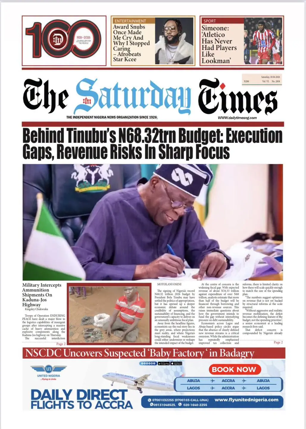 Front Page The Daily Times (Nigeria) 18/04/2026