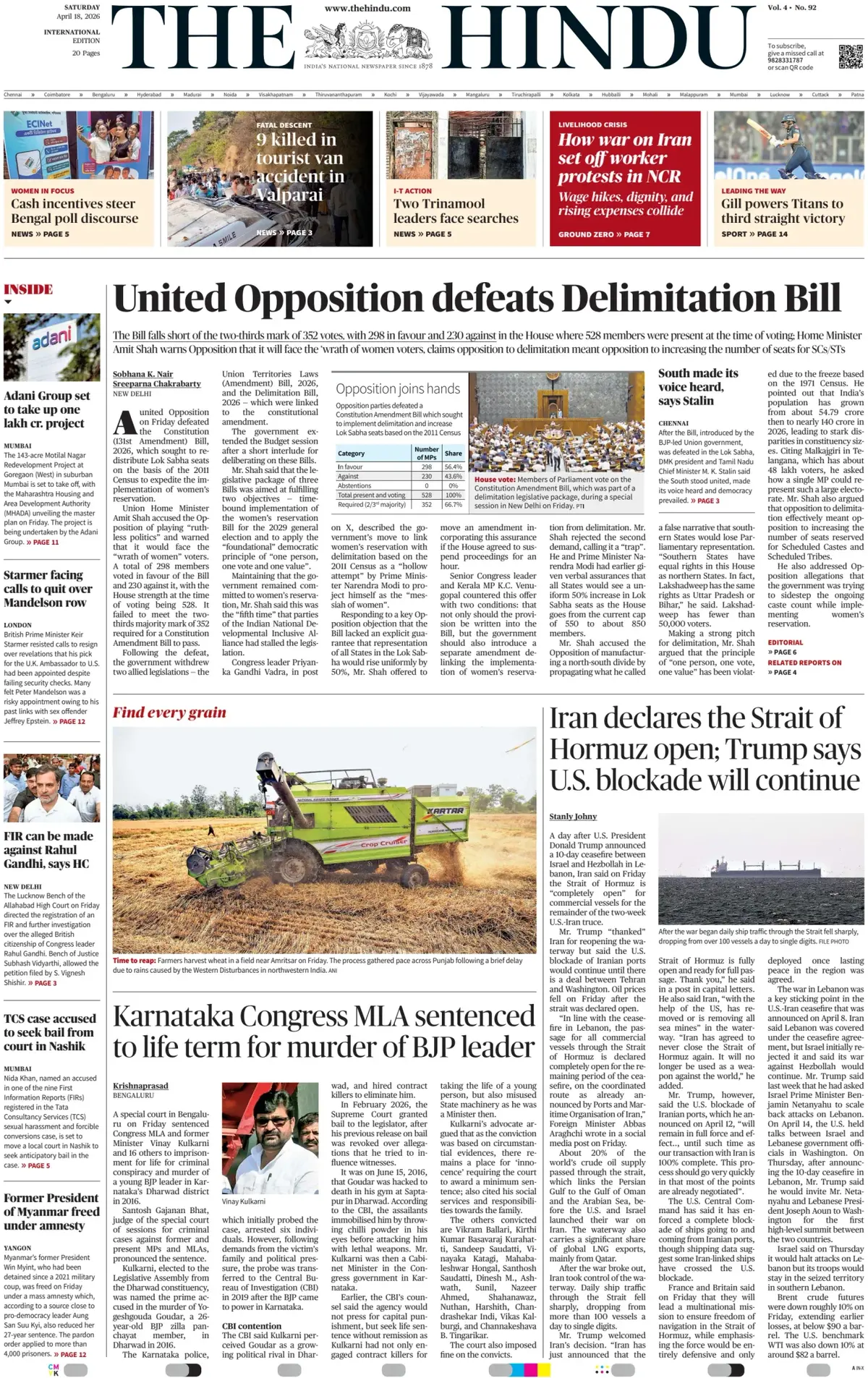 Front Page The Hindu 18/04/2026