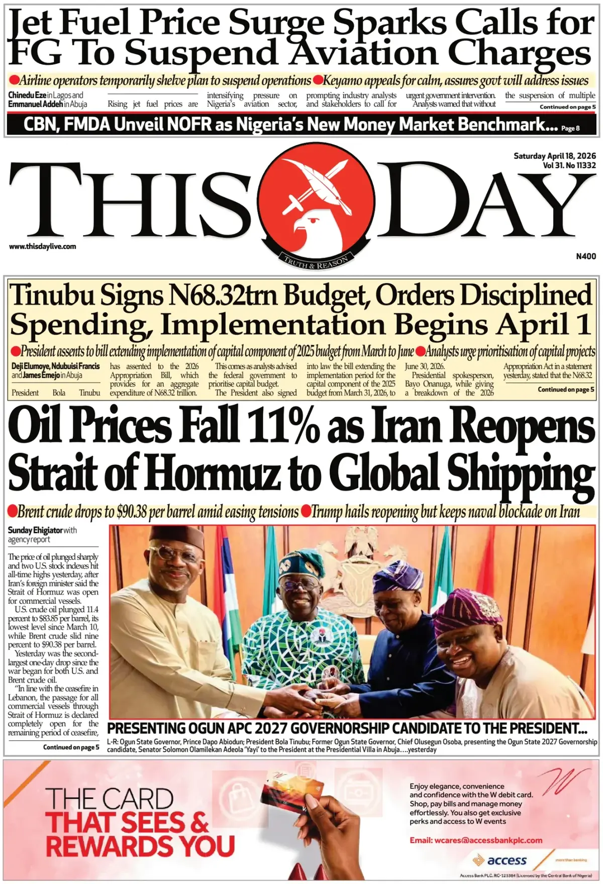 Front Page ThisDay 18/04/2026