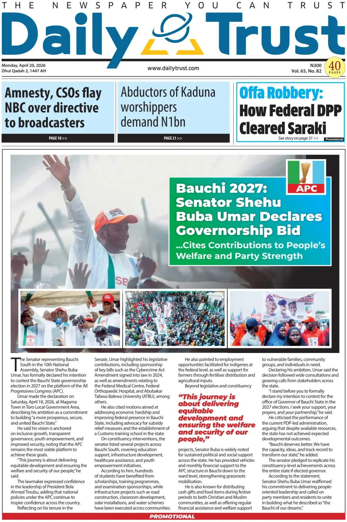 Front Page Daily Trust 20/04/2026