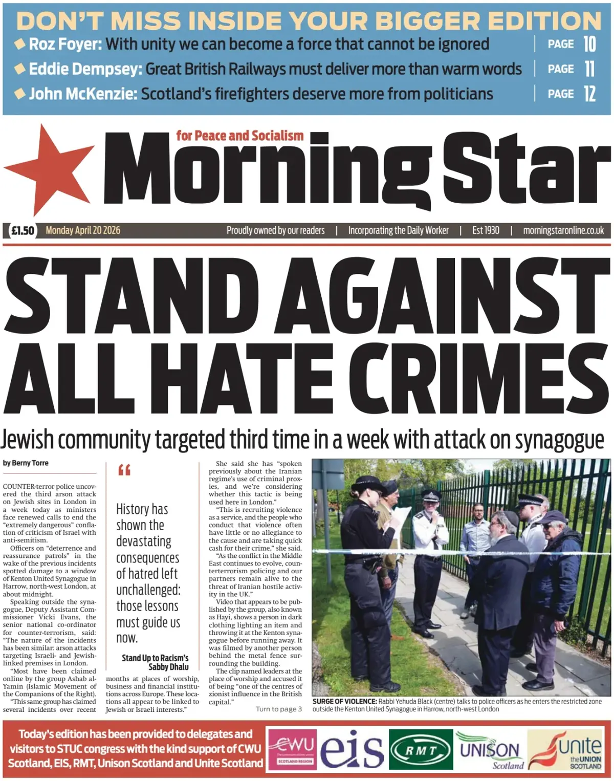 Front Page Morning Star 20/04/2026