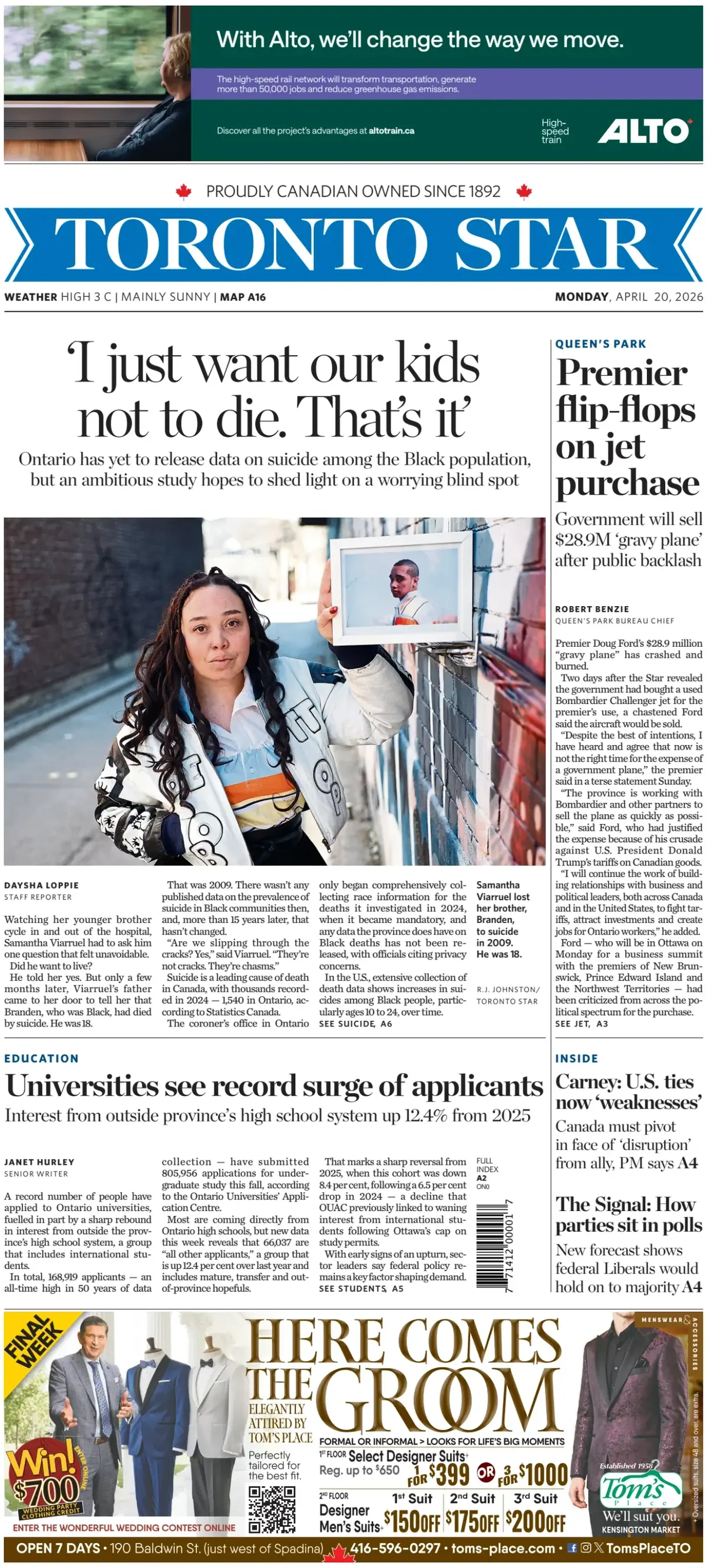 Front Page Toronto Star 20/04/2026