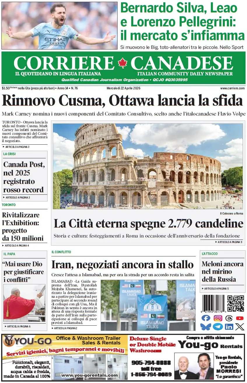 Front Page Corriere Canadese 22/04/2026