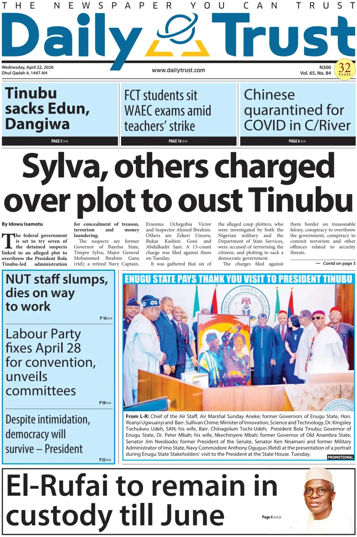 Front Page Daily Trust 22/04/2026