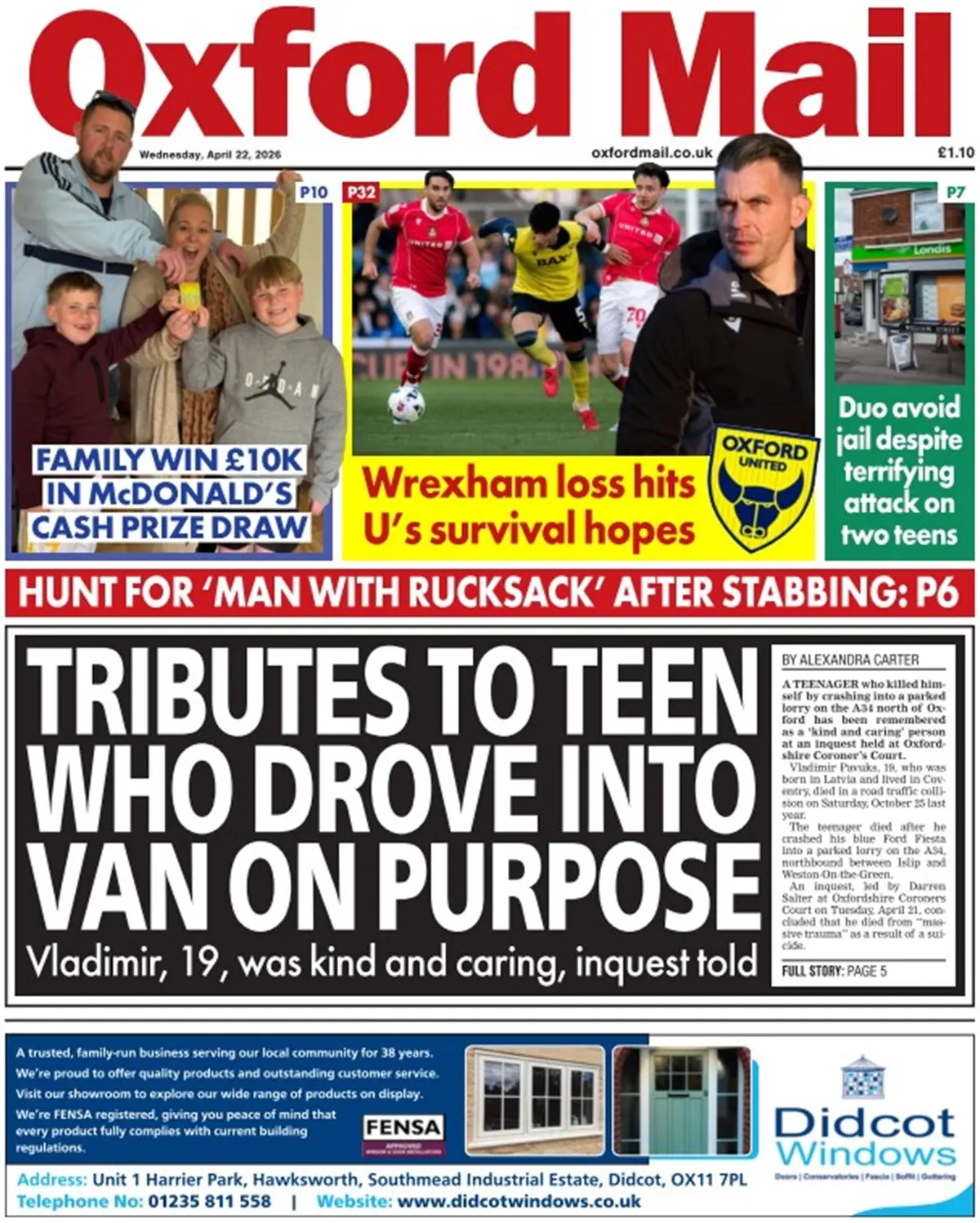 Front Page Oxford Mail 22/04/2026