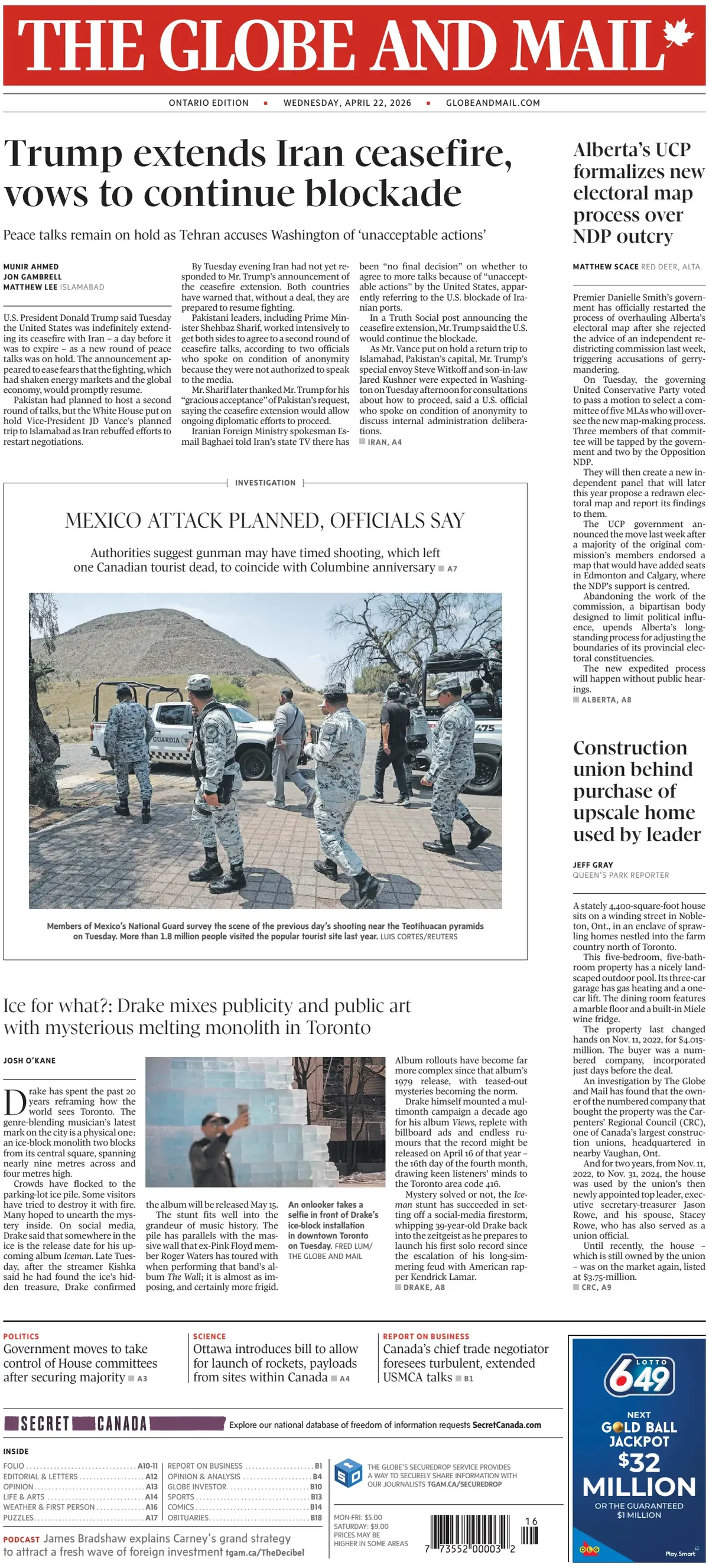 Front Page The Globe and Mail 22/04/2026