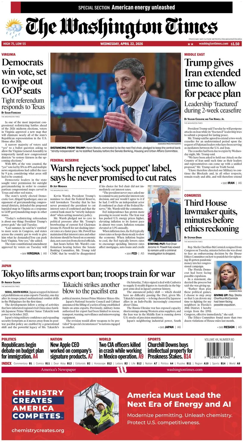 Cover The Washington Times 22/04/2026