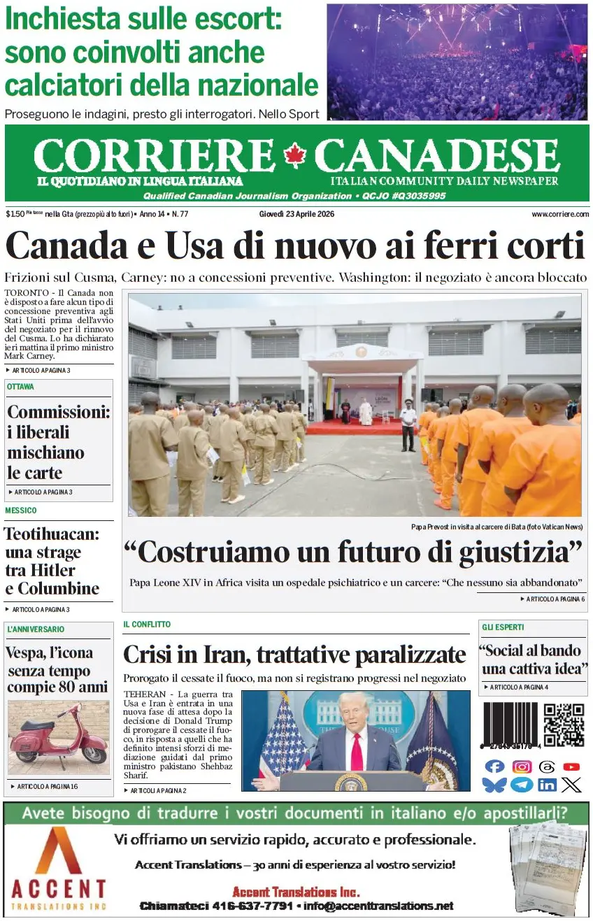 Front Page Corriere Canadese 23/04/2026