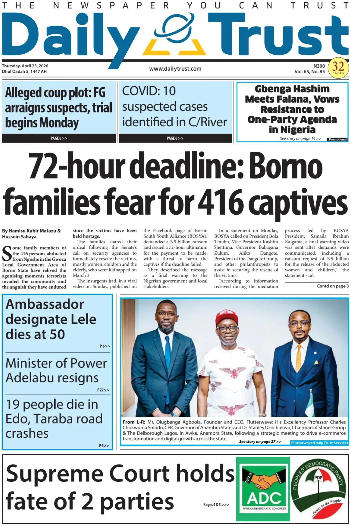 Front Page Daily Trust 23/04/2026