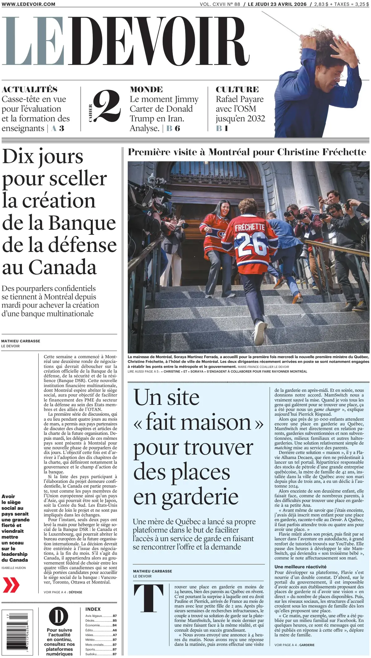 Front Page Le Devoir 23/04/2026