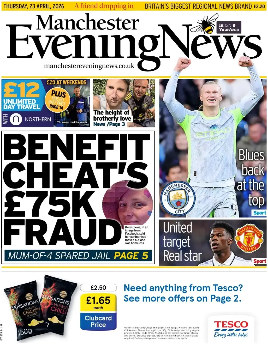Front Page Manchester Evening News 23/04/2026