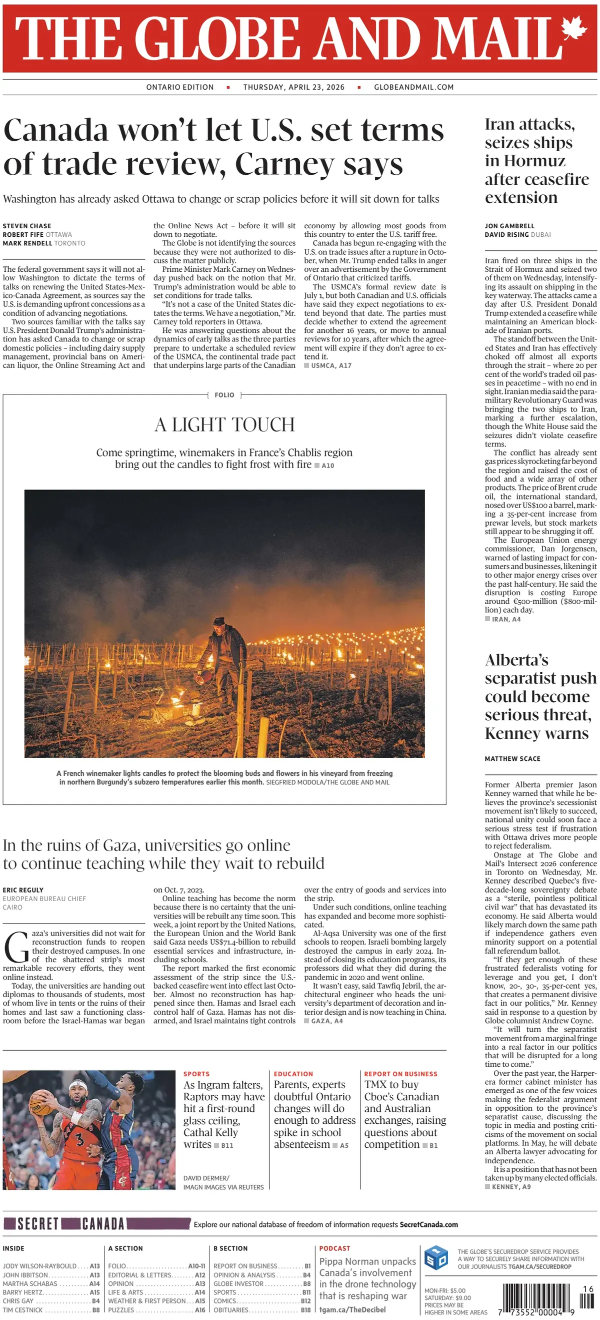 Front Page The Globe and Mail 23/04/2026