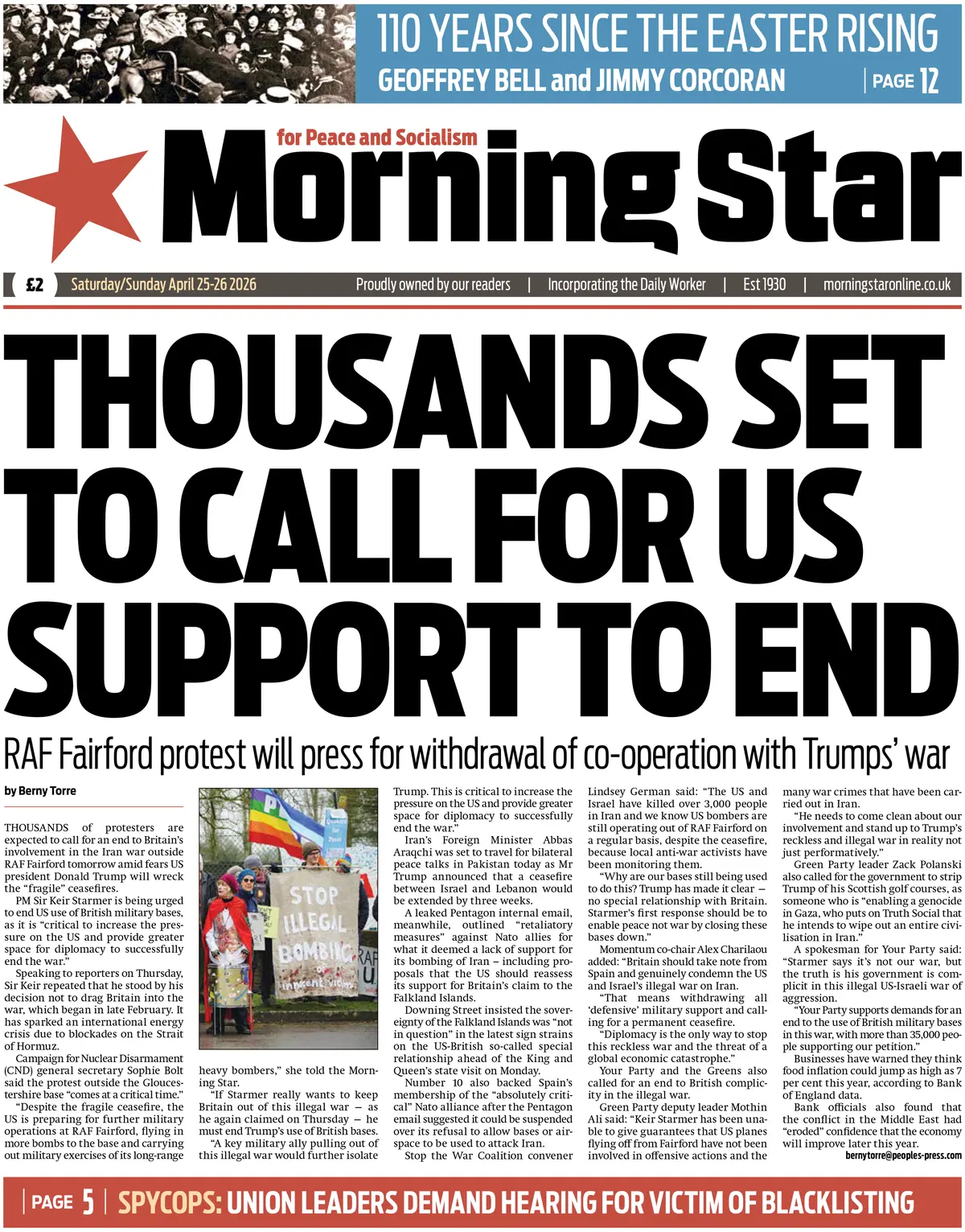 Front Page Morning Star 26/04/2026