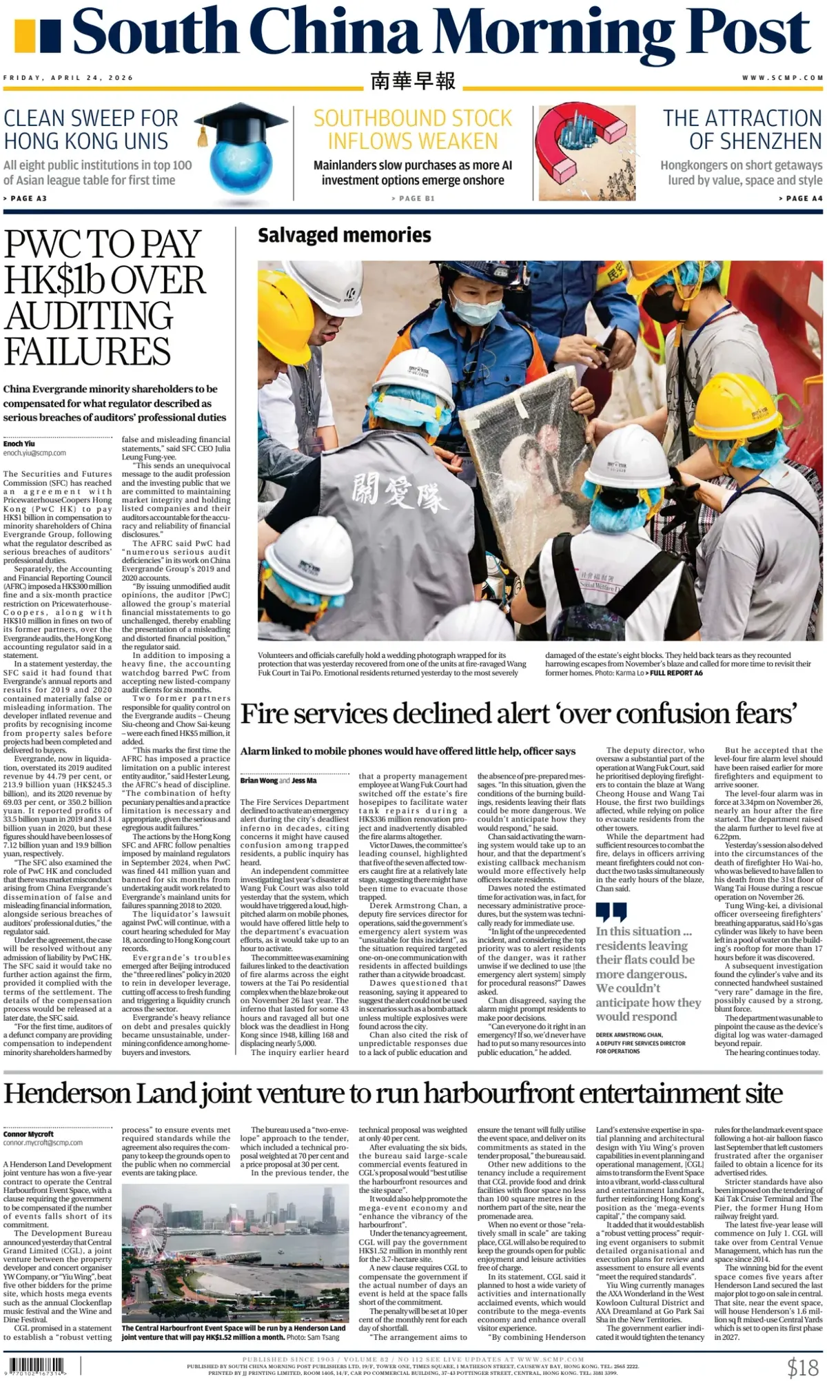 Front Page South China Morning Post 24/04/2026