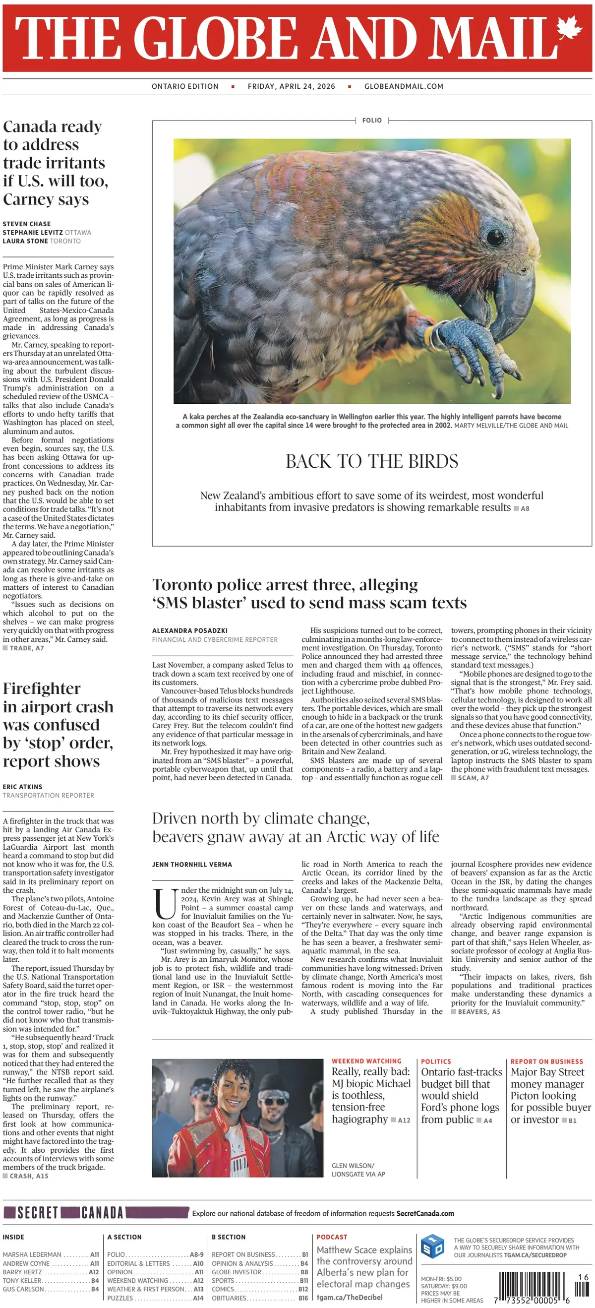 Front Page The Globe and Mail 24/04/2026