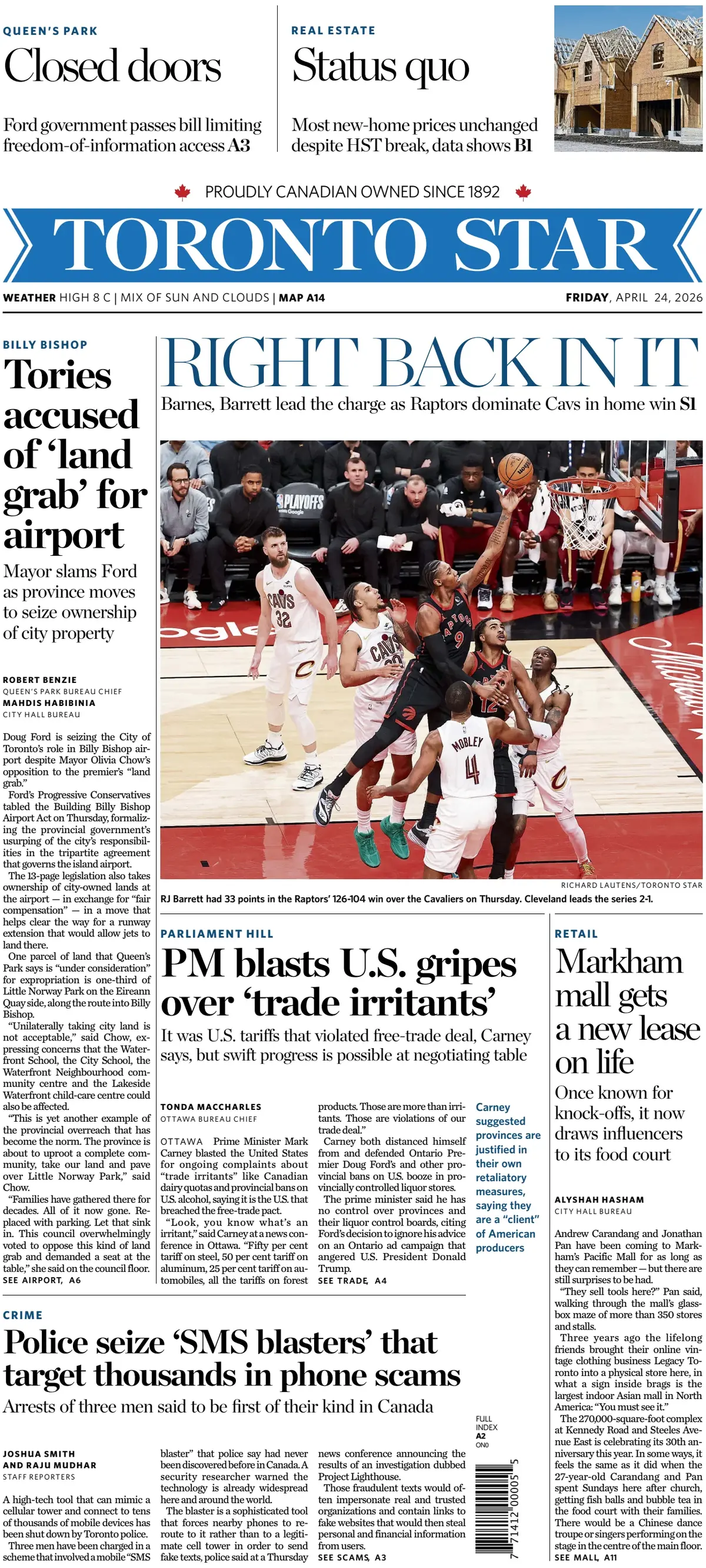 Front Page Toronto Star 24/04/2026