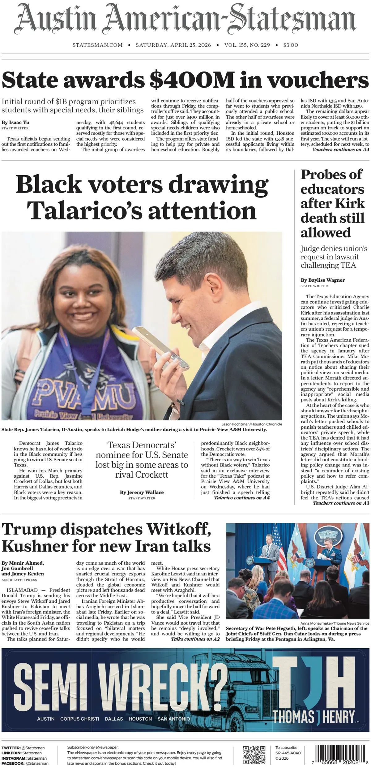 Cover Austin American-Statesman 25/04/2026