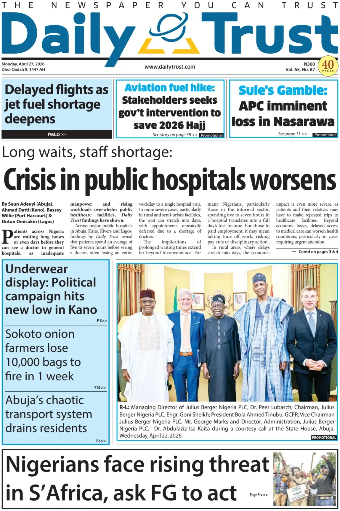 Front Page Daily Trust 27/04/2026