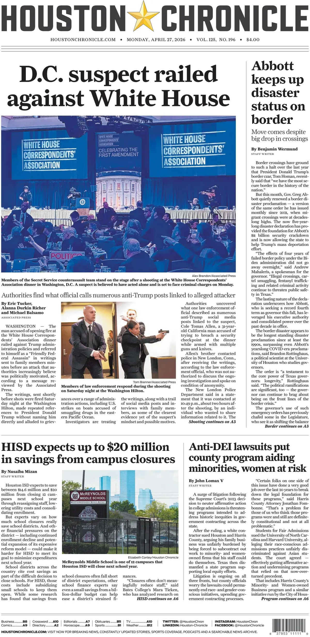 Cover Houston Chronicle 27/04/2026