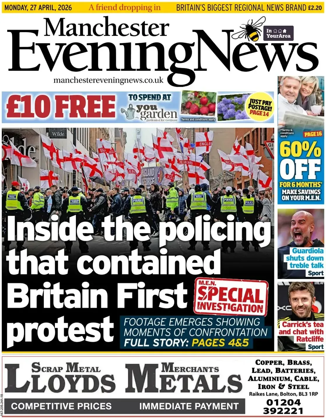 Front Page Manchester Evening News 27/04/2026