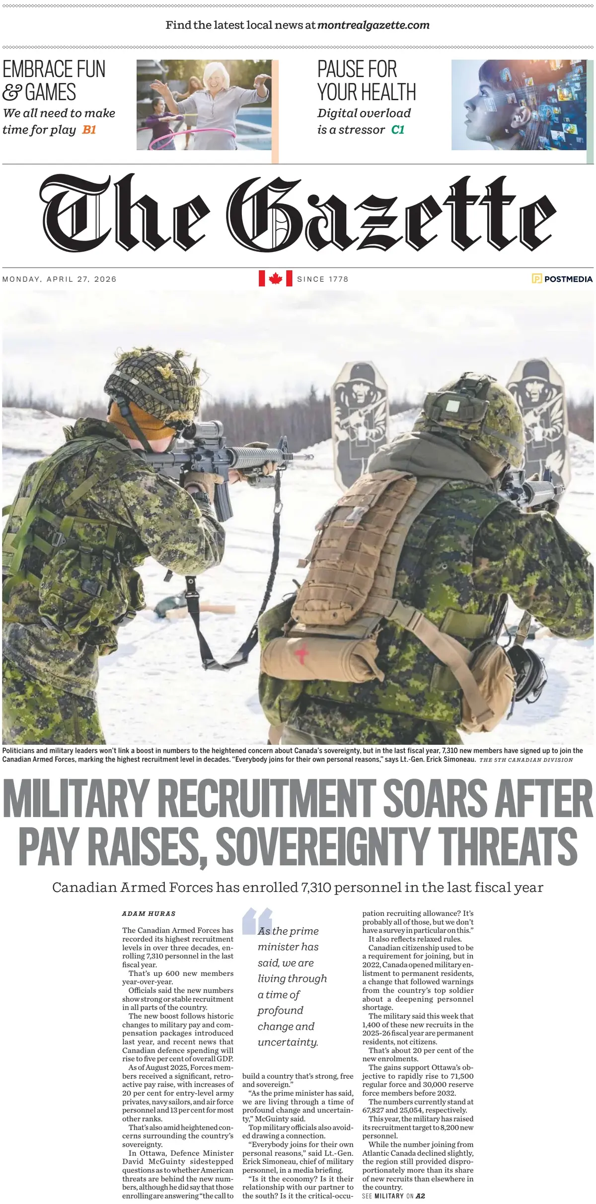 Front Page The Gazette (Montreal) 27/04/2026