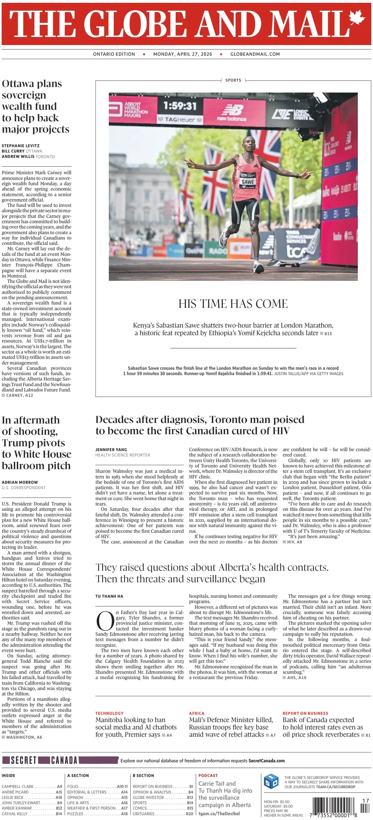 Front Page The Globe and Mail 27/04/2026