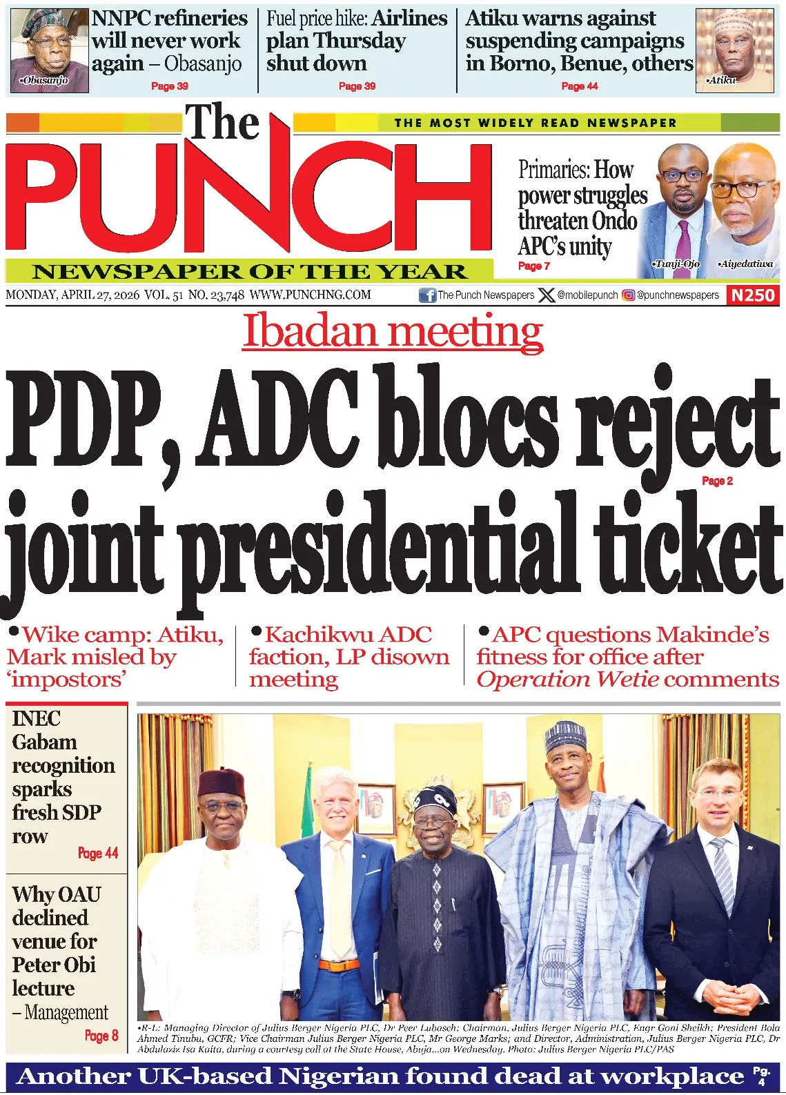 Front Page The Punch 27/04/2026