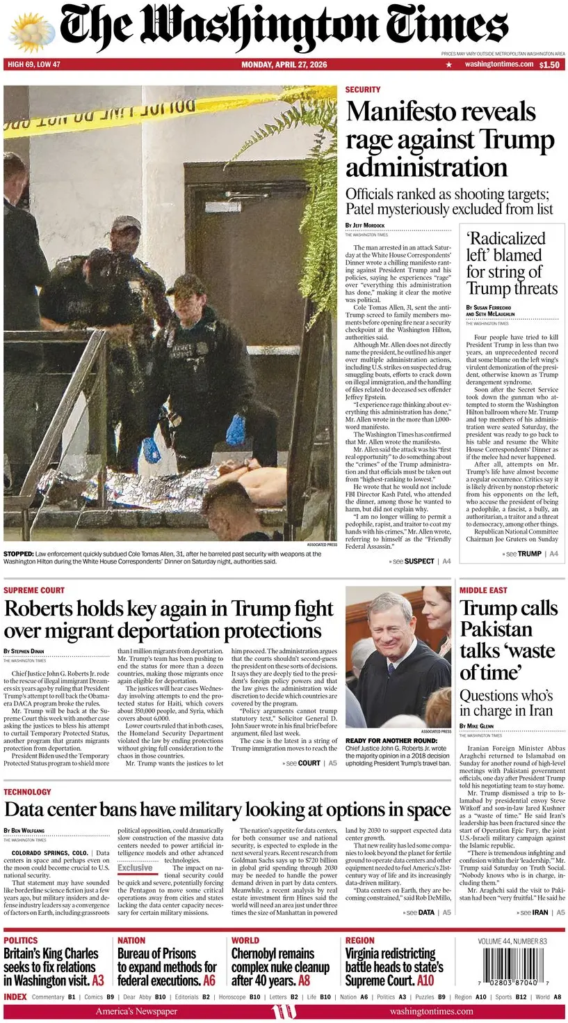 Cover The Washington Times 27/04/2026