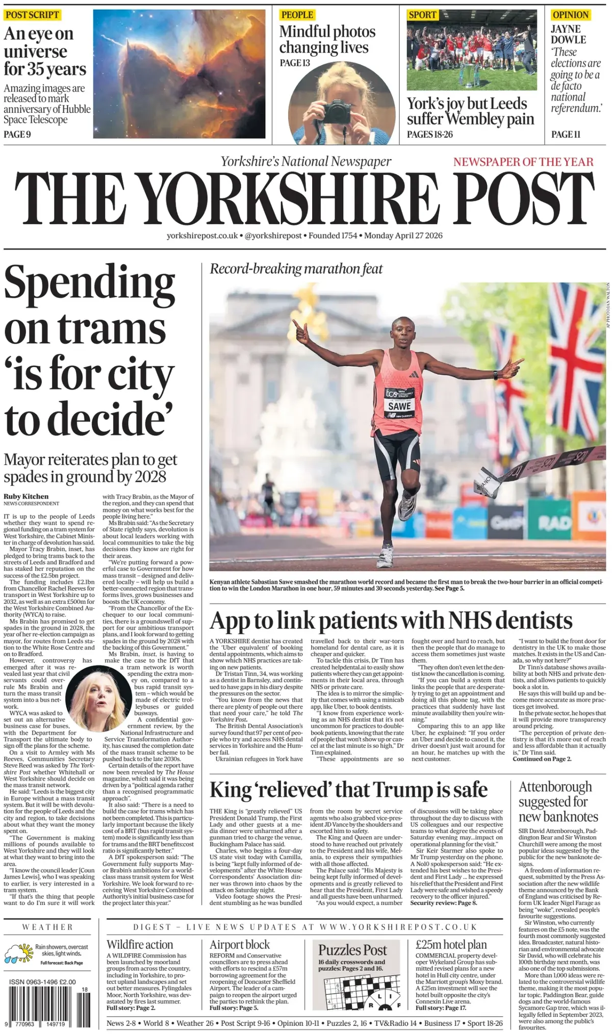 Front Page The Yorkshire Post 27/04/2026