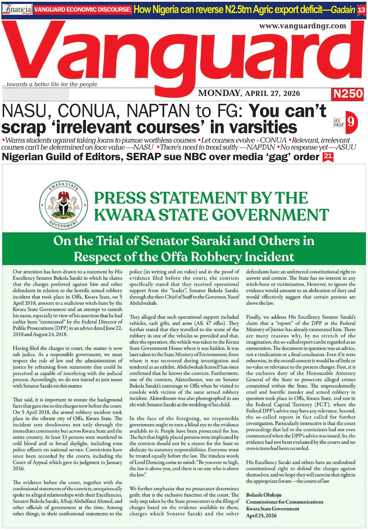 Front Page Vanguard 27/04/2026