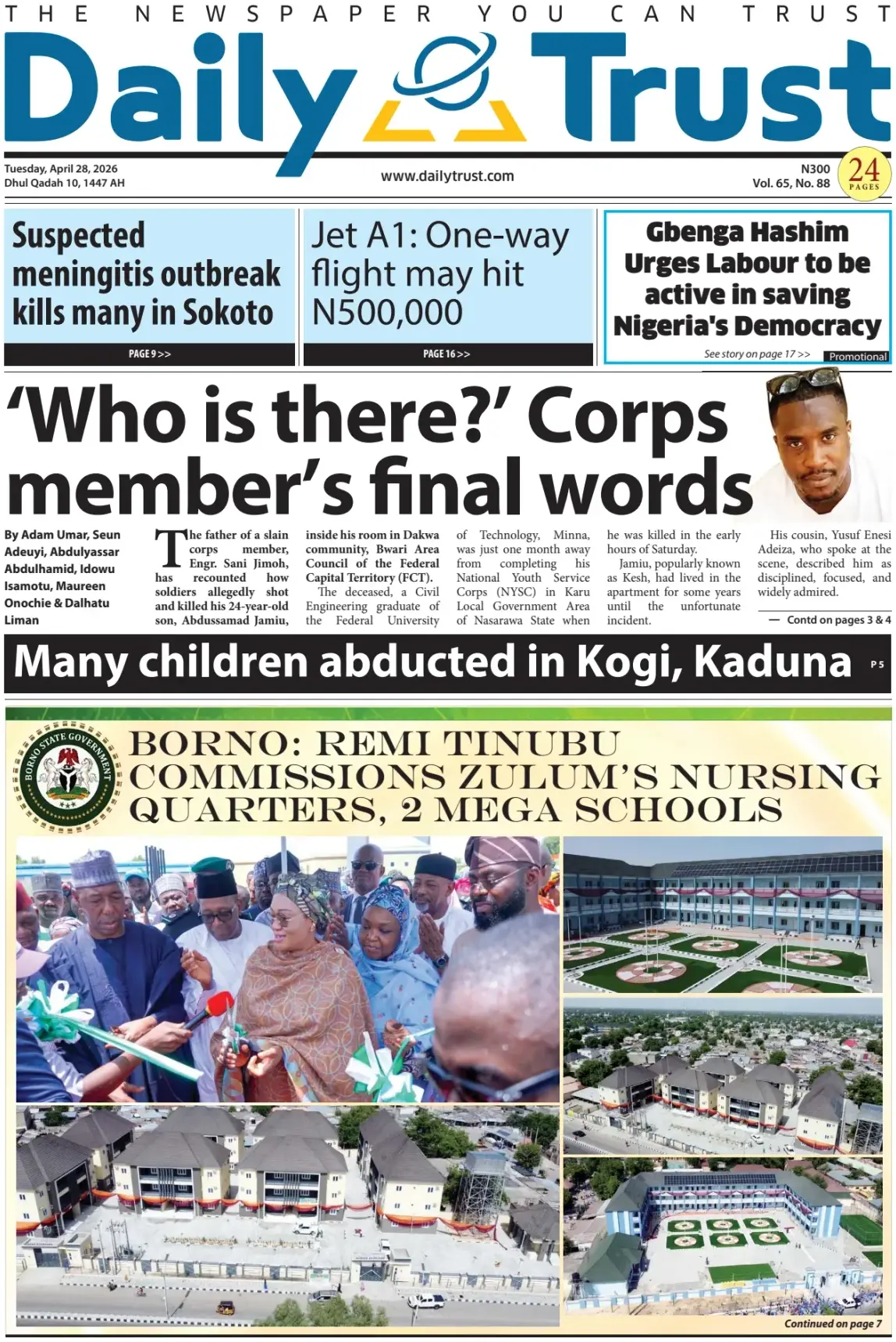 Front Page Daily Trust 28/04/2026