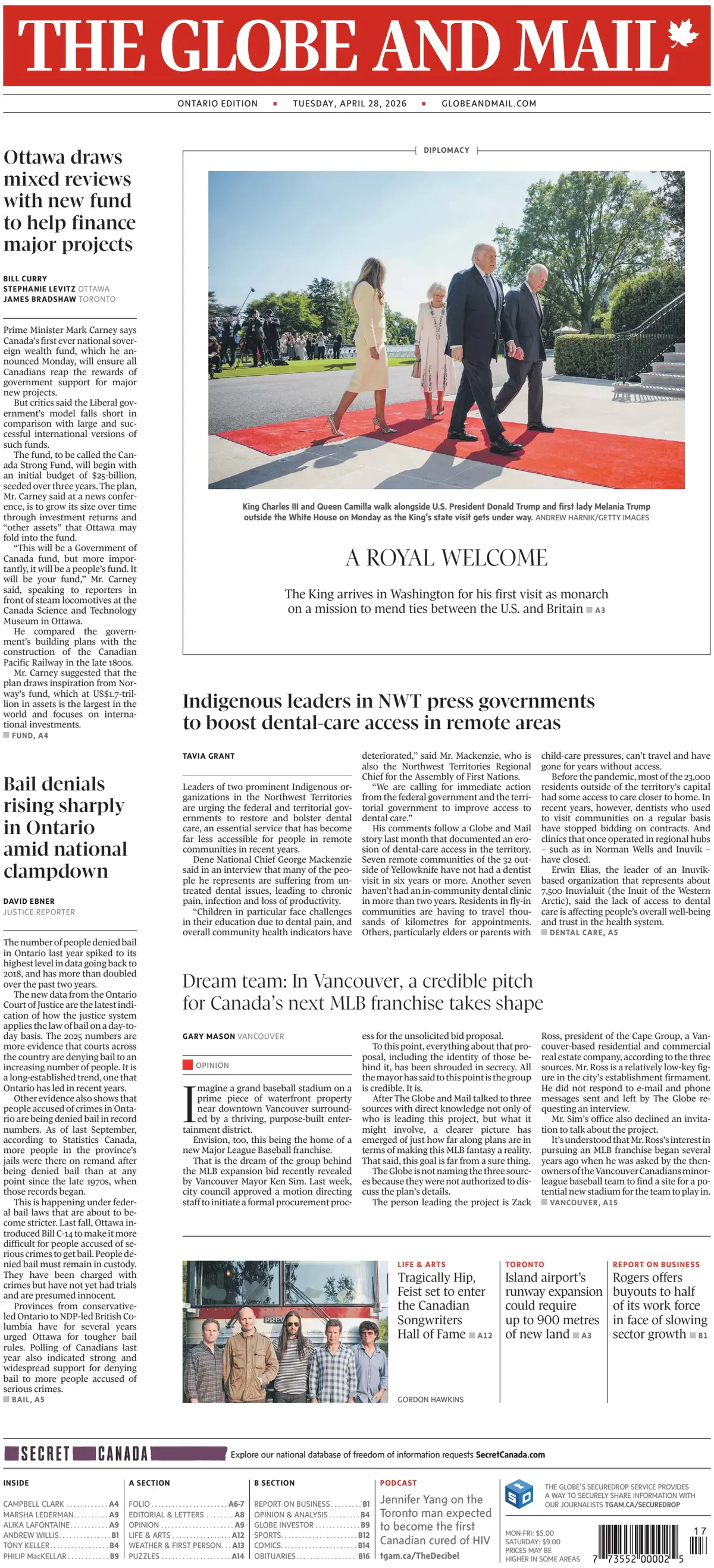 Front Page The Globe and Mail 28/04/2026