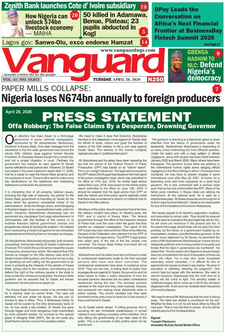 Front Page Vanguard 28/04/2026