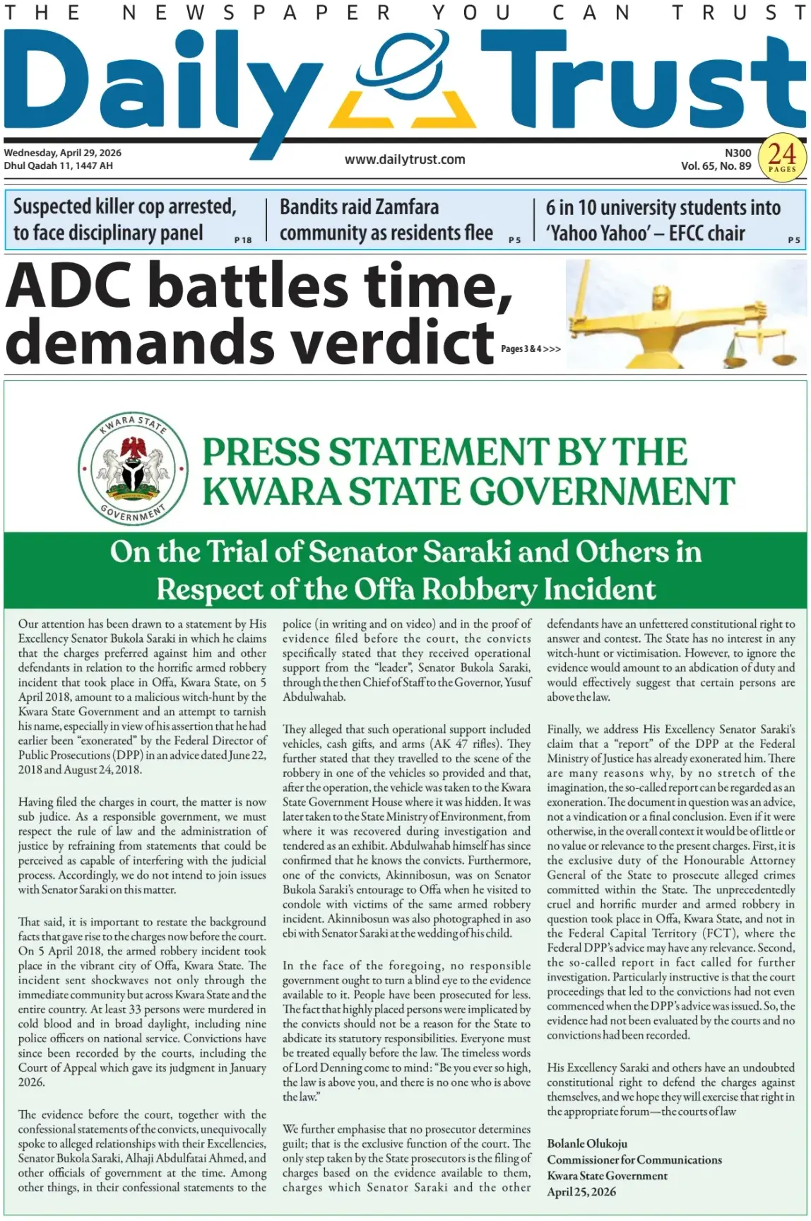Front Page Daily Trust 29/04/2026